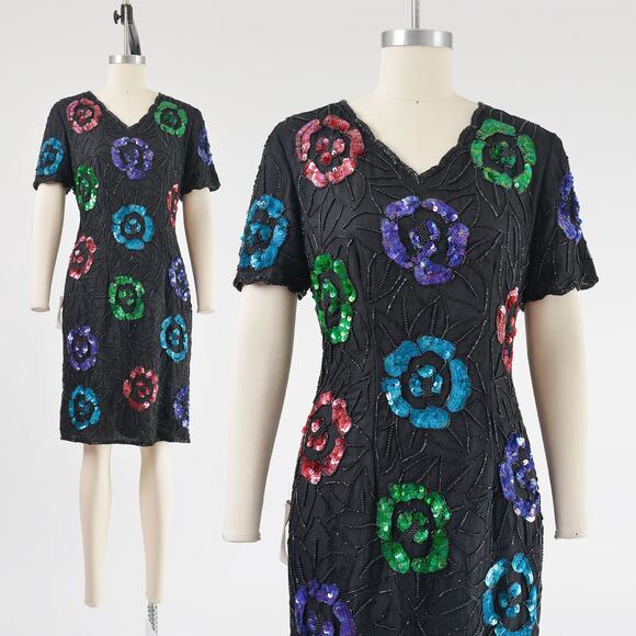 Vintage Dresses & Skirts - Vintage 80s Black Floral Beaded Short Sleeve Sequin Silk Party Cocktail Dress M